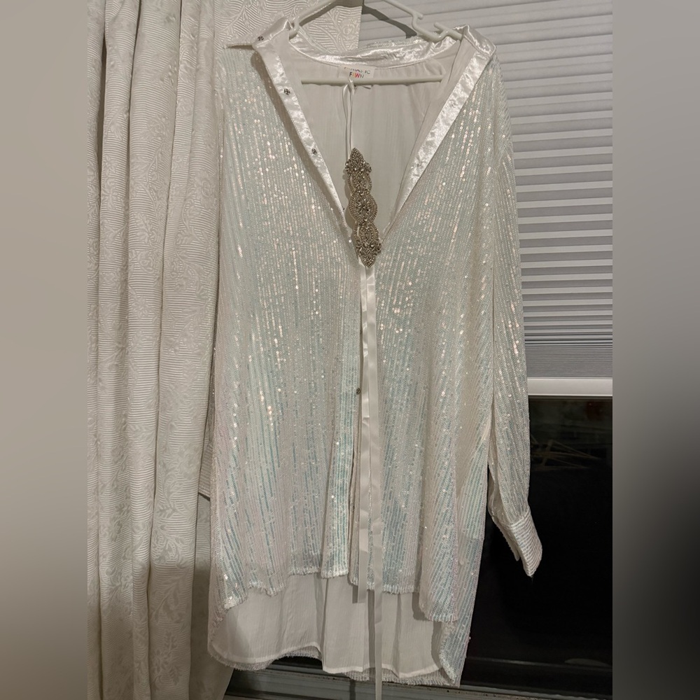White Sequin long-sleeve shirt dress with Silver Accent Belt . Never worn